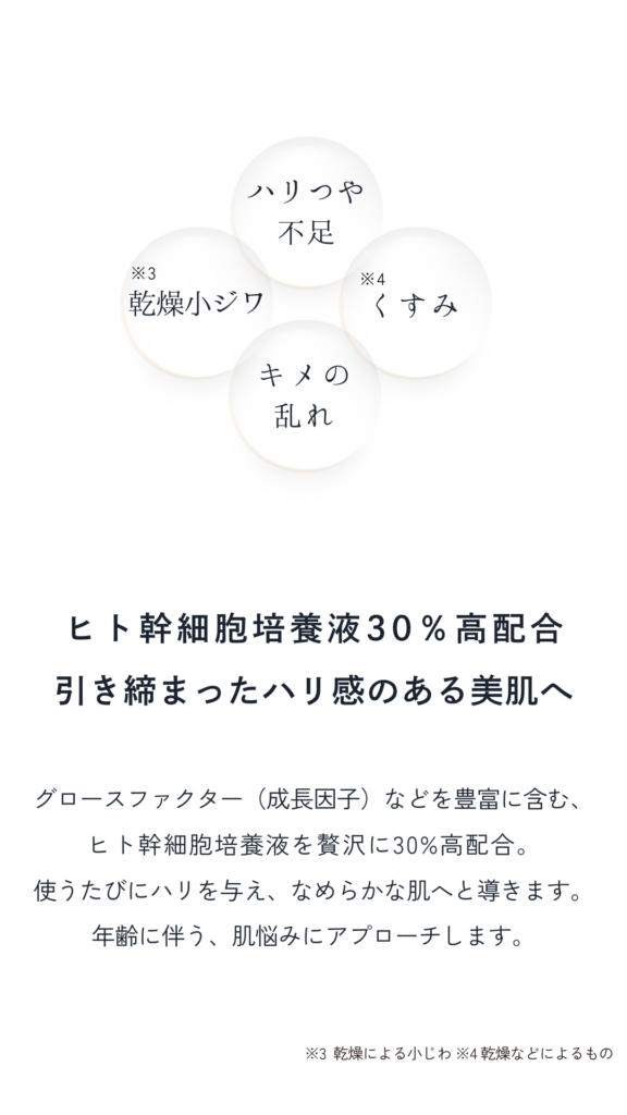 ヒト幹細胞培養液30％高配合。引き締まったハリ感のある美肌へ。